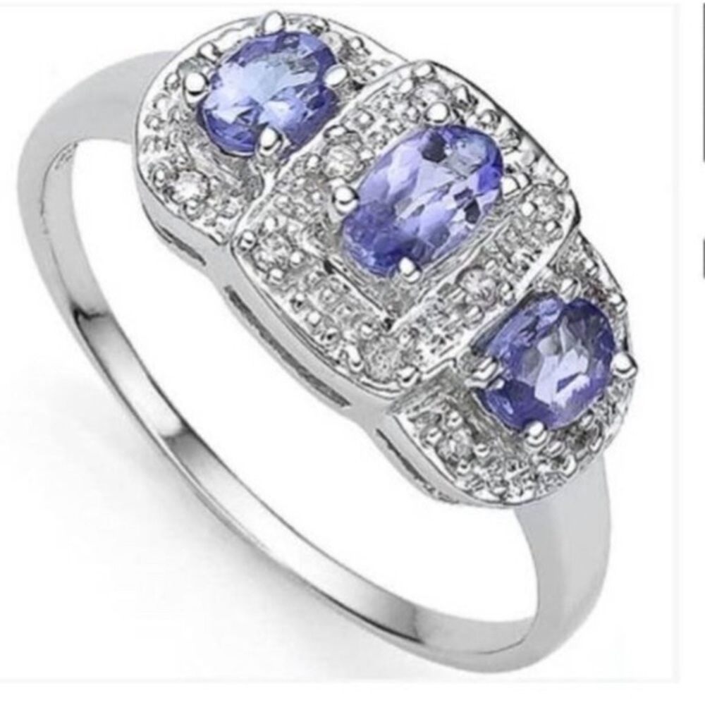 14K WHITE GOLD OVER  STERLING SILVER DIAMONDS & 0.60 CT GENUINE TANZANITE RING